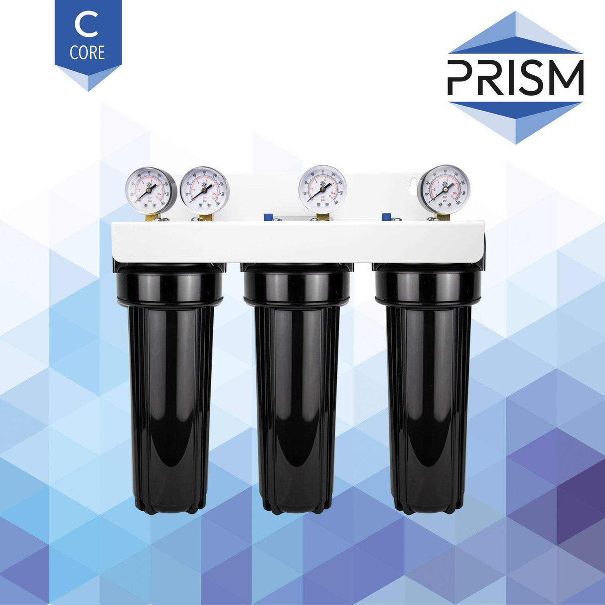 PRISM Three Stage Housing System for advanced water filtration; pre-assembled, customizable, and efficient.